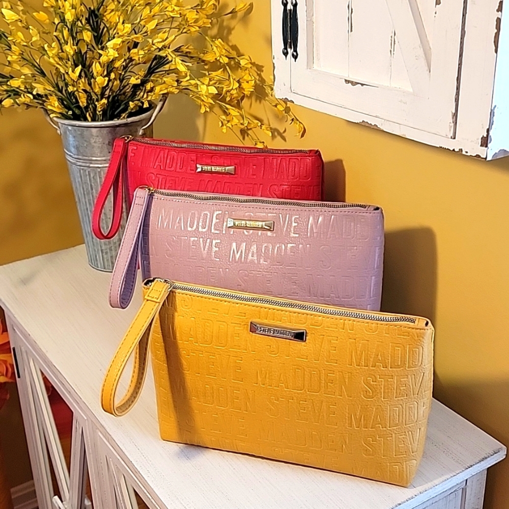 Steve Madden Monogram Clutch Purse Zip Large Wristlet Red Mauve Mustard - Picture 1 of 16